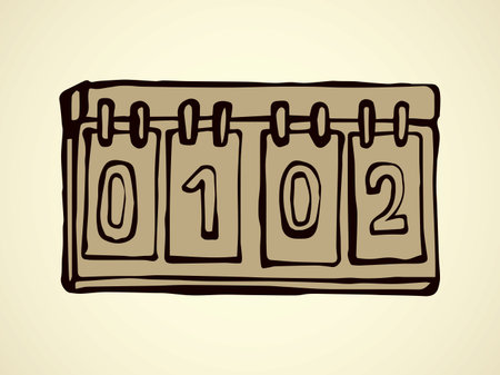 Old club arena referee timer bulletin screen panel on white backdrop. Freehand line black ink hand drawn pictogram logo emblem sketch in art retro doodle cartoon style pen on paper with space for textのイラスト素材