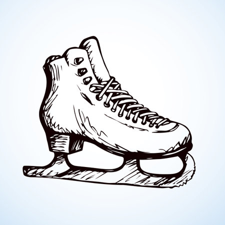 Old female shaped rink run iceskate lacing footgear isolated on light frost snow background. Outline pink ink hand drawn picture object sketchy in art doodle retro style pen on paper. Closeup viewのイラスト素材