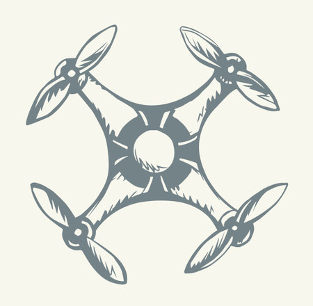 Modern rc computer toy gadget device tool line design hover fly up on light white view. Outline black hand drawn web military hobby logo sign concept sketch in future art cartoon doodle graphic styleのイラスト素材