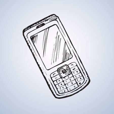 Mini pc push-button phone with blank display show app an sign sms ui picture. Outline freehand black on white ink hand drawing icon sketch in art doodle style pen on paper. View closeup with space for textのイラスト素材