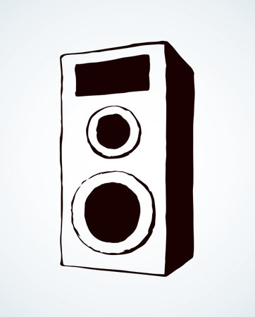Radio watt round gray sub treble tweeters hifi cabinet logo isolated on white background. Black ink hand drawn hi-fi soundbar pictogram emblem sketch in art retro cartoon style with space for textのイラスト素材