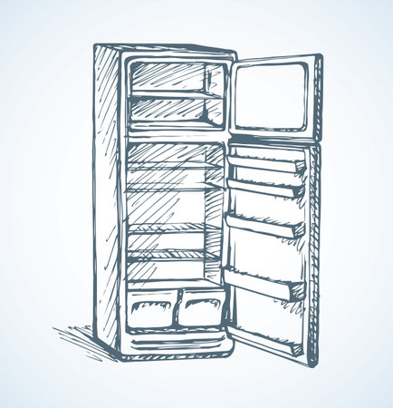New classic gray cooler icebox frig isolated on white backdrop. Freehand outline black ink hand drawn picture sketchy in art modern scribble style pen on paper. Close-up front view with space for textのイラスト素材