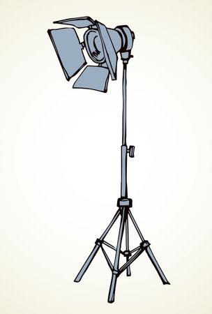 Modern shiny soft box bulb strobe set on white paper backdrop text space. Line black hand drawn club beam show softbox ray object logo emblem design in retro artist doodle print style. Closeup viewのイラスト素材