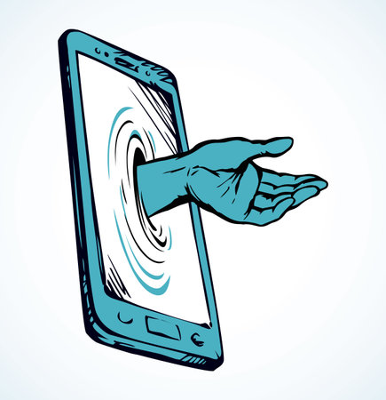 Flat ui pc pad device palmtop data www app on white text space. Ask life reach male user arm finger. Cartoon vector graphic drawn human risk illegal bad net spy thief man give hold info gift sign iconのイラスト素材