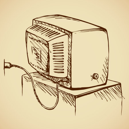 Aged television receiver set on pedestal isolated on white backdrop. Freehand ink hand drawn picture backdrop sketchy in art scrawl graphic style pen on paper. Closeup back view with space for textのイラスト素材