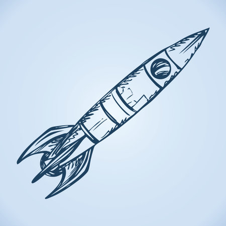 Ufo jet booster velocity rocketship vessel start takeoff send to orbit mission. Freehand outline ink drawn icon sketchy in scribble retro style pen on paper with space for text on blue sky backgroundのイラスト素材