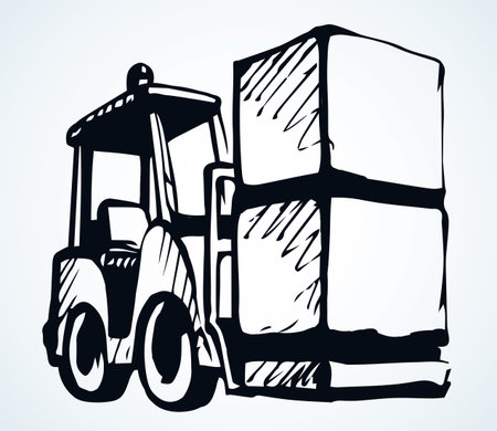 Power raise up weight wheel auto tractor view on white paper text space. Outline black hand drawn courier carry pack production lorry drive job logo sign design in modern art doodle line cartoon styleのイラスト素材
