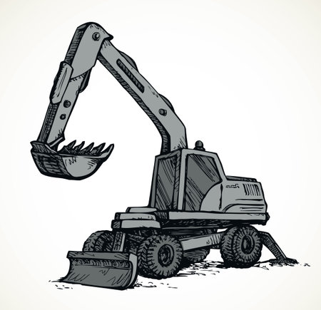 Utility pneumatic mini cutcat model with dipper and big rubber bus isolated on white background. Outline hand drawn tool sign icon logo pen on paper. Side view on space for text on quarry grub landのイラスト素材