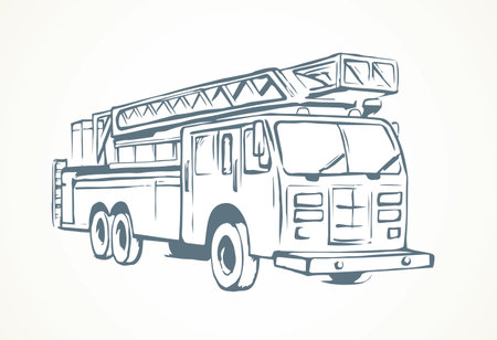 911 aid diesel drive van squad on white road backdrop. Freehand outline black ink hand drawn big lorry siren gear emblem logo sketchy in modern art scribble cartoon style pen on paper space for textのイラスト素材