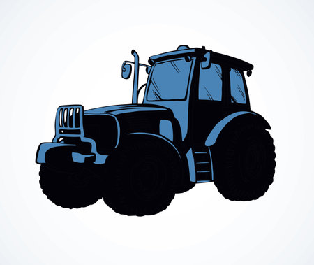 Classic village land agrimotor utility model with big rubber bus. Bright blue color hand drawn icon sign logo symbol picture in art doodle style. Side view with space for text on white groundのイラスト素材