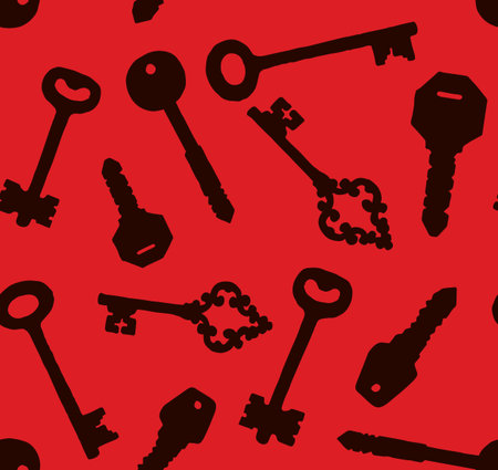 Old steel latchkey for rental immovables on red fond. Dark black ink hand drawn room object logo design tracery sketch in retro art contour engraved etch print style. Closeup tileable viewのイラスト素材