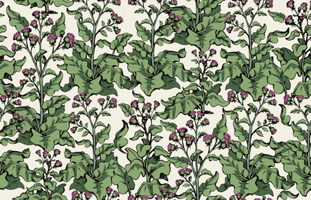 Cultivated big green edible health cosmetic bunch backdrop. Bright color hand drawn eco bio oil food spring meadow field design. Retro art doodle abstract line print style. Closeup fabric textile viewのイラスト素材