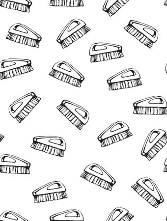 Wooden wet scrubber comb boot clear objects on light white home fond. Freehand outline dark black ink hand drawn housekeep maid worker logo sign icon design sketchy in art retro doodle style pen on paper spaceのイラスト素材