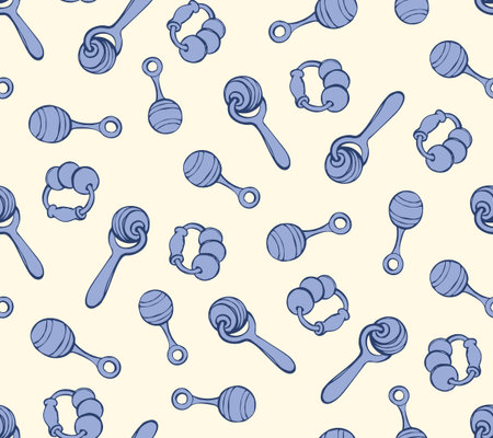 Babyish teething playful noisy clacks on light yellow backdrop. Freehand line blue ink hand drawn cute joy noisemaker logo sign icon emblem sketchy in art retro scribble cartoon style pen on paperのイラスト素材