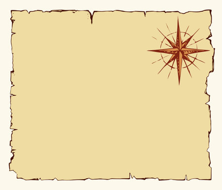 Aged revival empty rusty marine card on white page backdrop. Line black ink hand drawn journey way icon sign sketch in art cartoon doodle engraved notice print style on parchment space for write textのイラスト素材