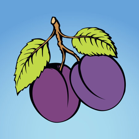 Tasty ripe raw fresh sappy vivid Plums fruitful on tree sprig. Freehand outline ink hand drawn picture sketchy in art doodle style pen on paper. View close-up with space for text on blue sky backdropのイラスト素材