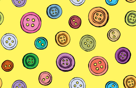 Modern cute stud clasp tool set on yellow wear decor backdrop. Bright multi color hand drawn object logo emblem sketchy in retro art doodle etch style on material space for text. Close up viewのイラスト素材