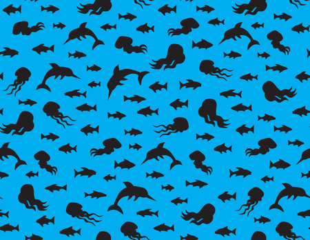 Many cute funny exotic undersea fin leg squid monsters isolated on deep aqua tracery. Dark navy ink hand drawn danger sealife logo sign icon symbol sketch in art retro contour engraved print styleのイラスト素材