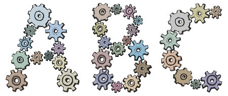 Vector alphabet of cheerful caricature hand-drawn characters consisting of spinning gears. Letters G, H, I isolated on white backgroundのイラスト素材
