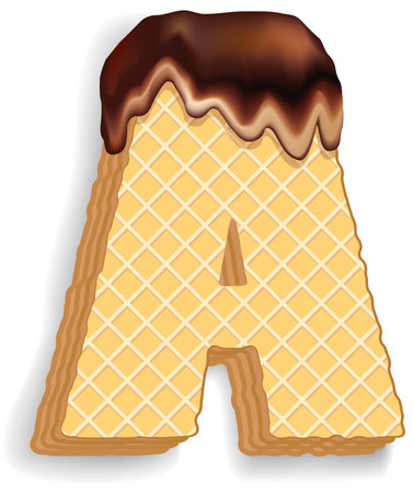 Vector set of stylized characters consisting of stacked layers of wafers with chocolate cream flowing down from the top. Letterのイラスト素材