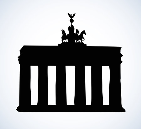 Brandenburger Tor isolated on white. Freehand outline ink hand drawn picture sketch in art vintage engraving style. Panoramic view with space for text on evening sky backdropのイラスト素材