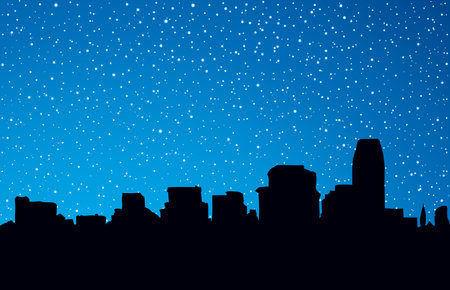 Panorama of waterfront street of multistory business center of midtown NY harbor. Dark picture backdrop in art style with space for text on blue gloaming crepuscule starry heaven. Modern scenic viewのイラスト素材