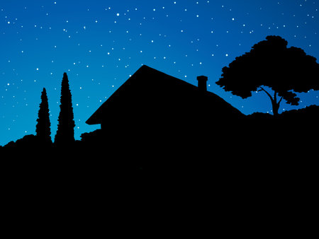 Modern backyard romantic scenic country view. Old farmstead abode edifice estate build scene. Black draw picture symbol in art retro contour graphic style. Space for text on blue nightfall moon heavenのイラスト素材