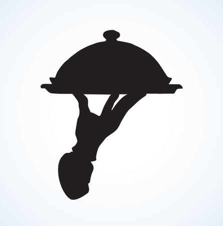 Classic luxury elegant professional male server palm give silverware dome lid on white backdrop. Black color drawn picture order emblem logo in retro art silhouette graphic style with space for textのイラスト素材