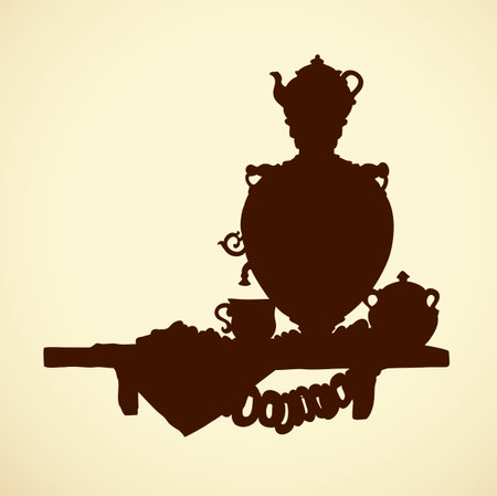 Appetizing old kitchen ornate table still life. Traditional nutrient cuisine isolated on white backdrop. Dark ink hand drawn picture sketch in art retro engraving graphic style with space for textのイラスト素材