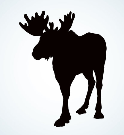 Great old northern alaska wapiti stand on light winter field. Dark ink hand drawn logotype pictogram insignia in retro art contour etch print style on paper text space. Closeup viewのイラスト素材