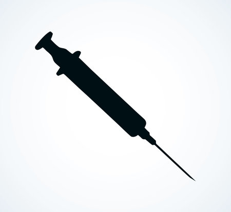 Healthy aid medic test analyze shot squirt tool on white background. doctor heal help web protect lab logo. Line black ink hand drawn dope remedy prick plastic injector device cartoon pictogram sketchのイラスト素材