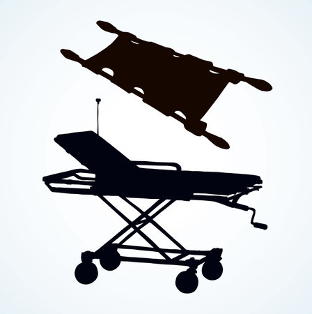Empty iv camp pram litter on white room background. Dark black ink hand drawn healthcare injured adjustable surgeon box object logo pictogram emblem in retro art contour print style on space for textのイラスト素材