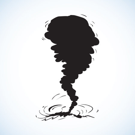 Circle dust spin fast twirl blow eddy blizzard isolated on white sky backdrop. Dark black ink hand drawn picture sign sketchy in art scribble modern style pen on paper and space for textのイラスト素材