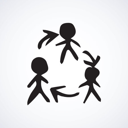 Change sharing of 3 figure on white background. render help talk idea concept. Freehand outline black ink hand drawn emblem sketch in art modern doodle cartoon style pen on paper with space for textのイラスト素材