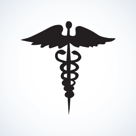 Ancient rx hermes rod on white background. Web outline   concept. Freehand linear black ink hand drawn picture emblem in art retro engraving contour style. View closeup with space for textのイラスト素材