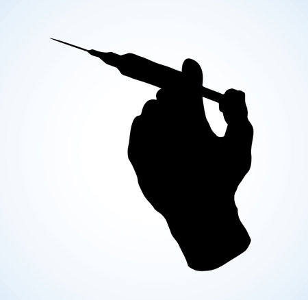 Healthy medic people finger hold disposable squirt collagen substance isolated on white background. Dark black aid healthcare pictogram in contour style with space for textのイラスト素材