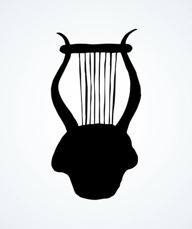 Aged folk celtic wood Lire icon isolated on white background. Dark ink hand drawn pictogram emblem sketch in artistic roman contour engrave print style on paper space for text. Closeup viewのイラスト素材