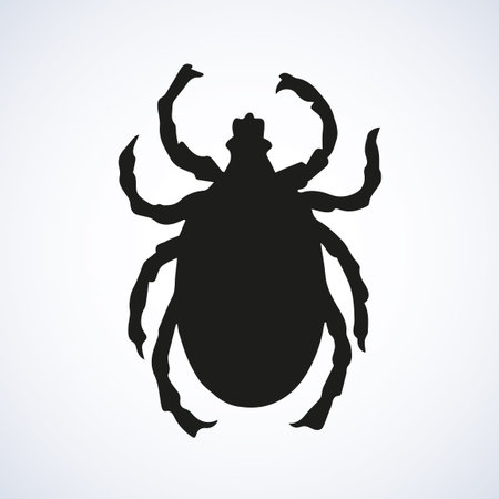 Big wild forest Acarina louse isolated on white human skin backdrop. Dark ink hand drawn picture...