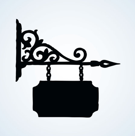 Road store advice render public fashioned curl forged shield plaque label bulletin ad note text name design. Dark black ink hand drawn empty emblem in art engraved style on paper space backdropのイラスト素材