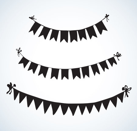 Cute different pennants streamer flap set isolated on white backdrop. Dark ink hand drawn picture in art retro engraving style. View closeup with space for textのイラスト素材