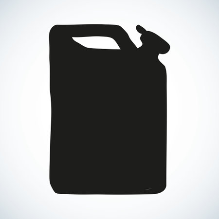 Blank big plastic motor machine lube pack tare, laundry hygiene cleaner detergent jerrican jar. Dark ink hand drawn picture in art retro engraving style. Closeup view with label for textのイラスト素材