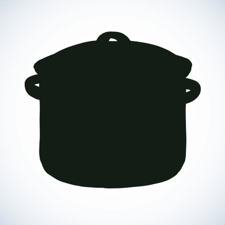 Old big chrom fryer isolated on white backdrop. Freehand ink hand drawn picture sketchy in art vintage engraving style. View closeup with space for textのイラスト素材