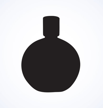 Romantic stylish round odour make spirit flask isolated on light backdrop. Dark ink hand drawn picture emblem in art retro print style. Close-up view with space for text on labelのイラスト素材