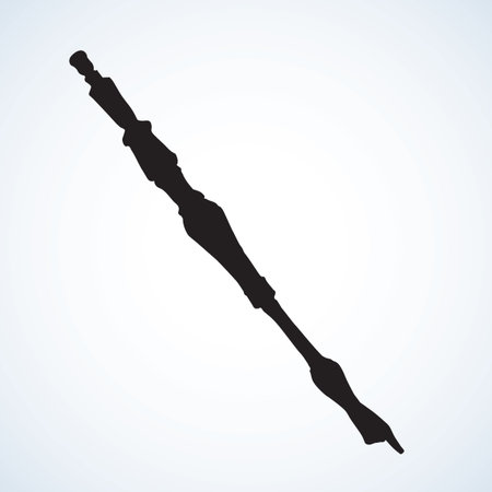 Closeup carved decorated ritual bat isolated on white paper background. Historic silver israeli fountain for prayers. Dark black ink hand drawn picture sign in retro art print graphic styleのイラスト素材