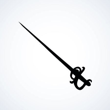 Classic steel hilt handle of aged long foil cutlass skewer tool on white background. Dark black ink hand drawn war metal knife pictogram logotype in art contour etching print style with space for textのイラスト素材