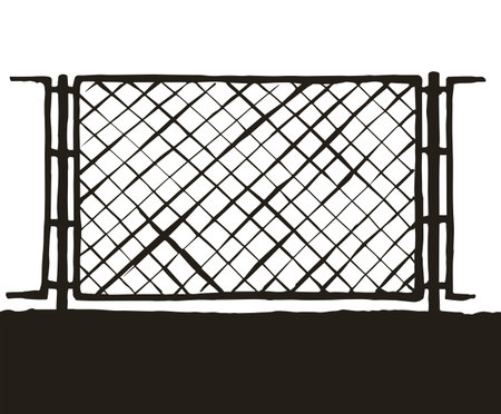 Iron Mma enclose detain chainlink framework hedge bar section element on white sky backdrop. Black line hand drawn design sign sketch in modern art doodle style. Close up view with space for textのイラスト素材