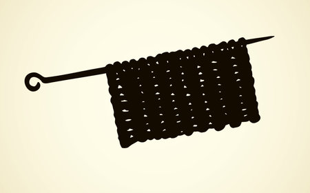 Aged rough roll sew design instrument on white paper backdrop. Dark ink drawn needlecraft picture emblem pictogram in art ancient contour etching print style. Closeup front view with space for textのイラスト素材