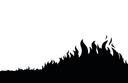 Night red forestry wood warm ignite wild grass glow flare ash view. Red sky text space. Line black hand drawn wildfire smoke risk dry climate hazard life icon sign concept design art sketch styleのイラスト素材