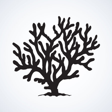 Deep old invertebrate Anthozoa Cnidaria polyp bush isolated on white backdrop. Dark ink hand drawn picture emblem in art retro contour print style. View closeup with space for textのイラスト素材