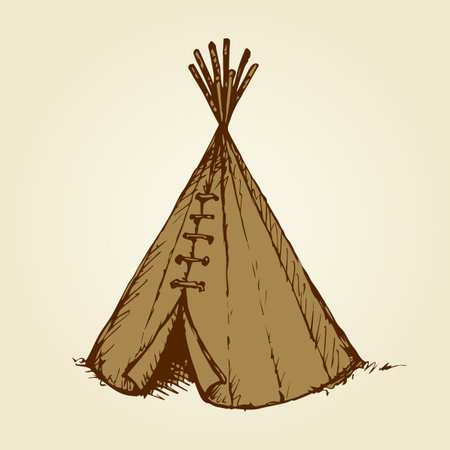Mobile nomad rural circle skin covered wickiup isolated on white backdrop. Freehand outline black...